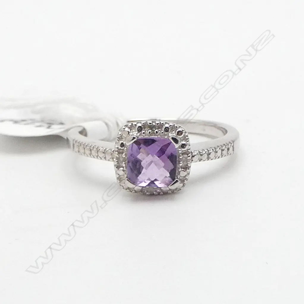 SILVER AMETHYST & SMALL DIAMOND RING size N. As new old shop stock SIZE N Image 1++