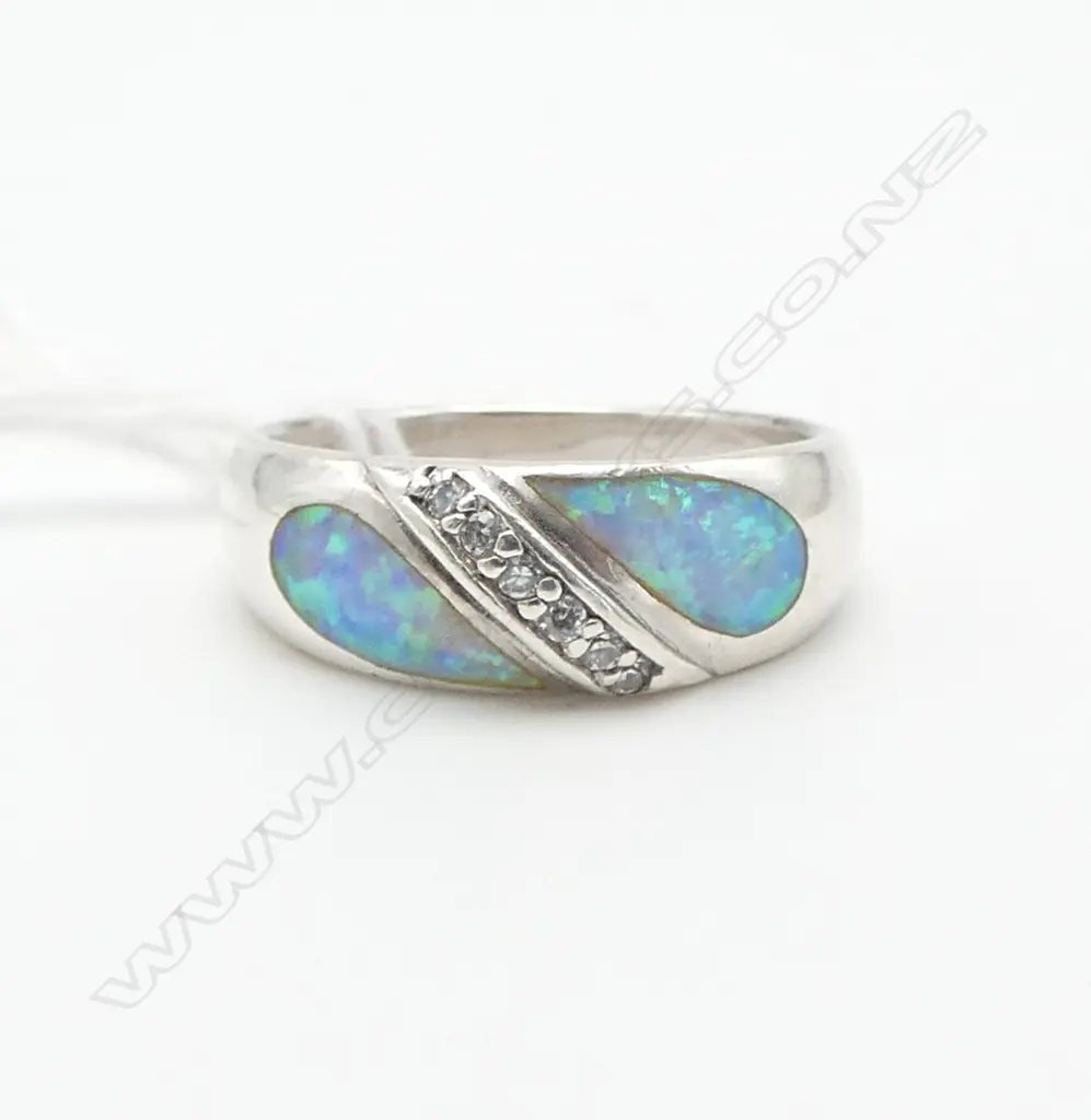 SILVER OPAL & WHITE CZ STONES SET INTO RING SIZE P Image 1++