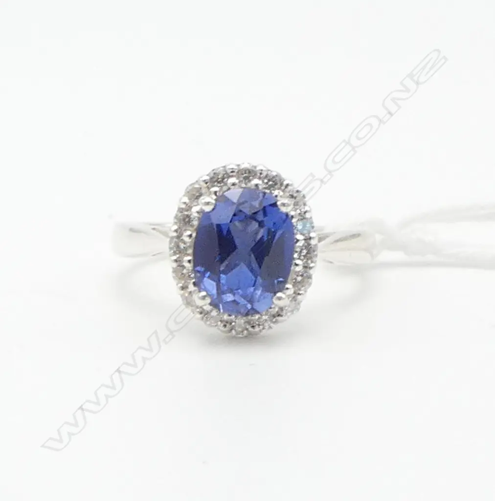 SILVER & SYN BLUE SAPPHIRE RING blue & CZ CLUSTER SIZE O Image 1++