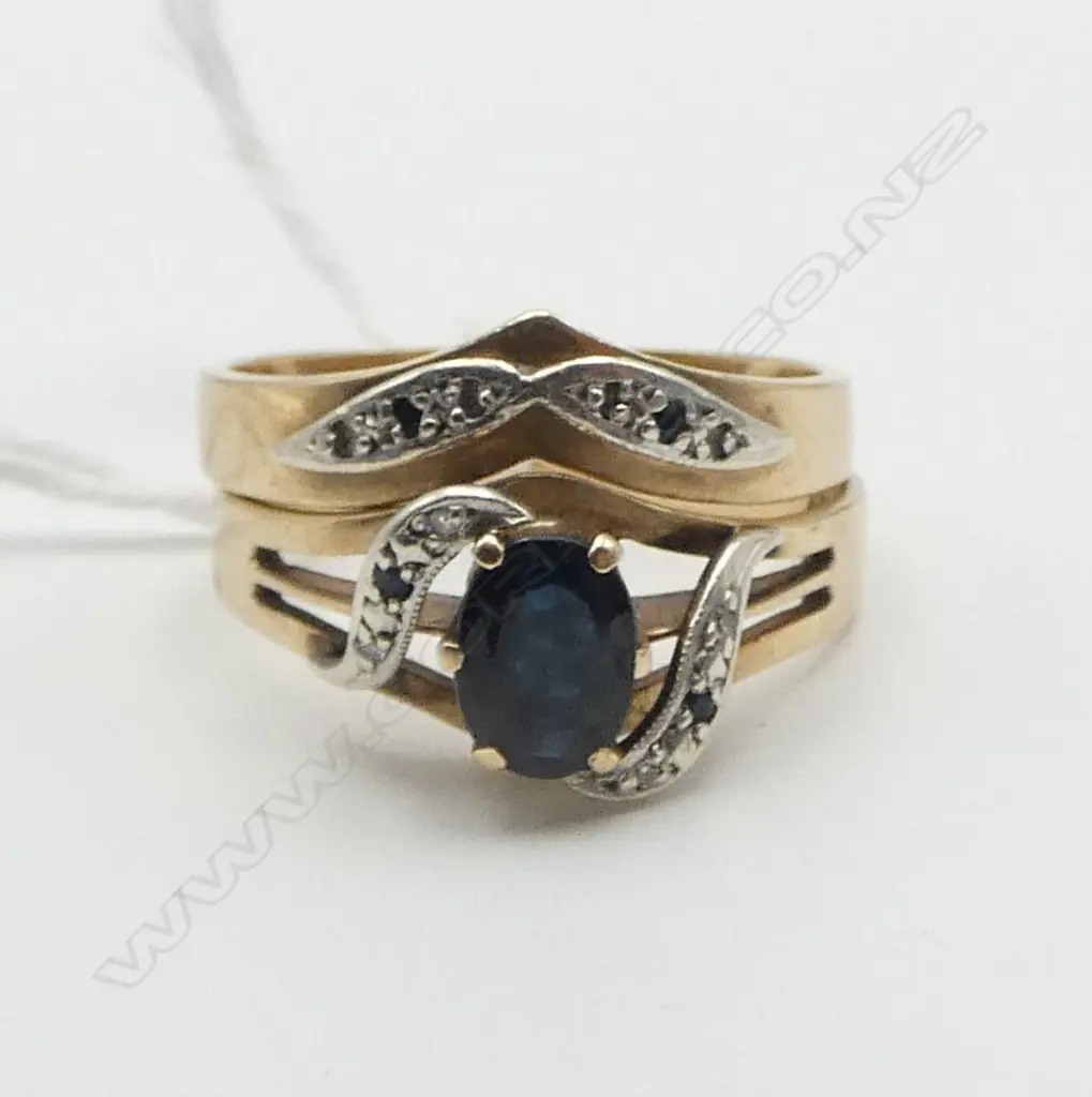 2x  9ct GOLD SAPPHIRE/TINY DIAMOND MATCHING SET RINGS 6.15gms SIZE R Image 1++