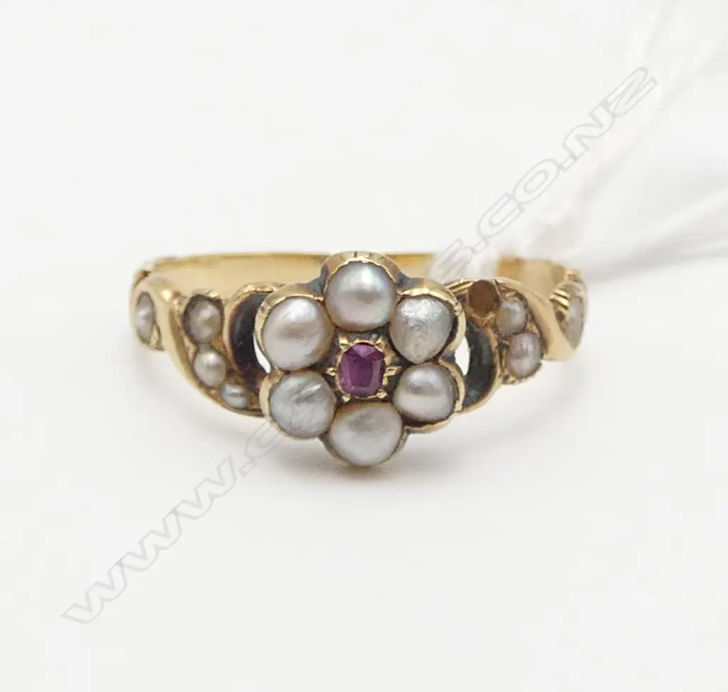 VICTORIAN 15ct GOLD RUBY & PEARL RING 2 pearls missing 1.8gms SIZE L Image 1++