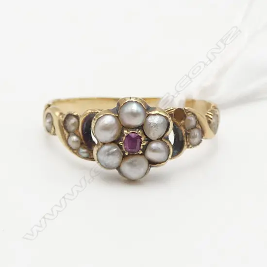 VICTORIAN 15ct GOLD RUBY & PEARL RING 2 pearls missing 1.8gms SIZE L