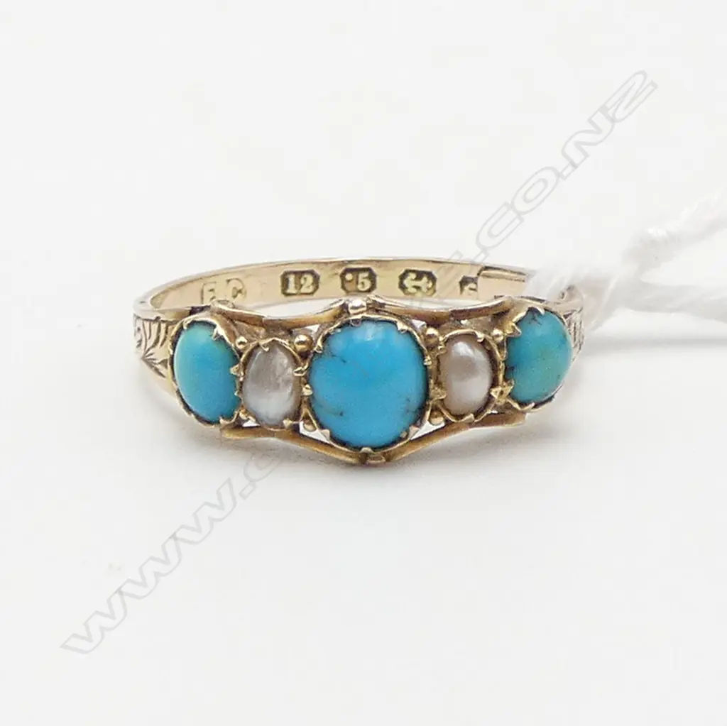 VICTORIAN 12CT GOLD TURQUOISE & PEARL RING band with strengthening 1.5gms SIZE O Image 1++