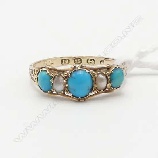 VICTORIAN 12CT GOLD TURQUOISE & PEARL RING band with strengthening 1.5gms SIZE O