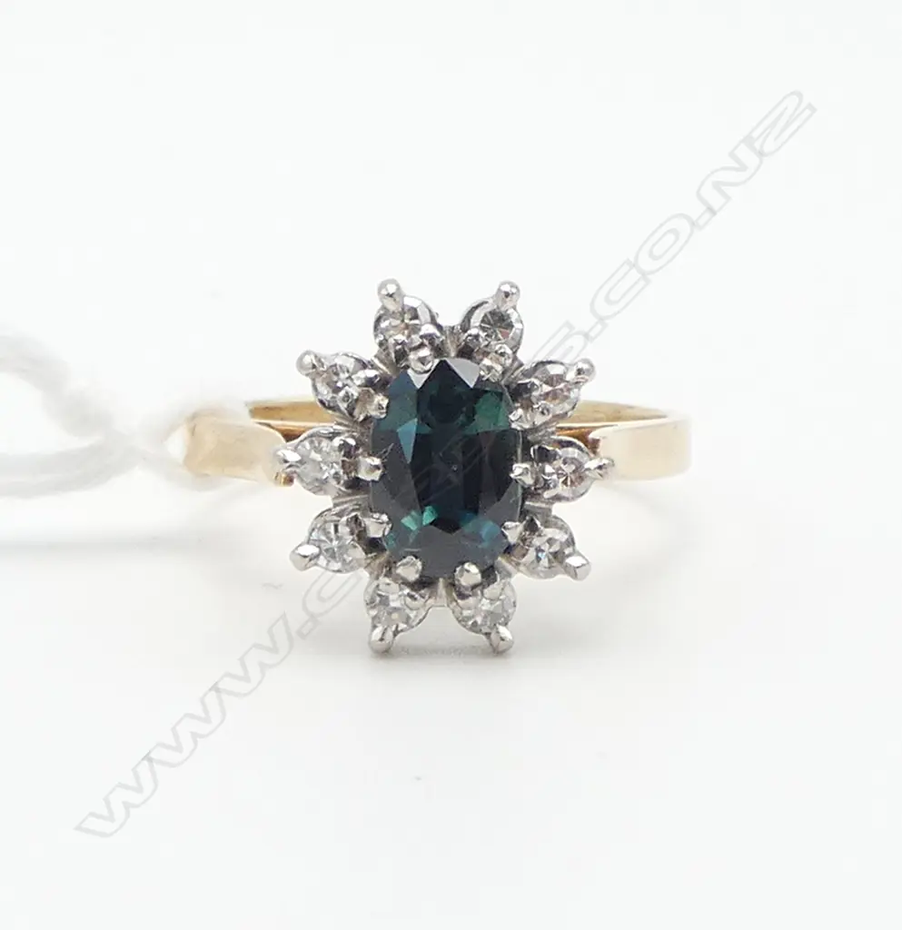 14ct GOLD BLUE/GREEN SAPPHIRE with single cut diamonds CLUSTER DRESS RING 3.22gms SIZE J Image 1++
