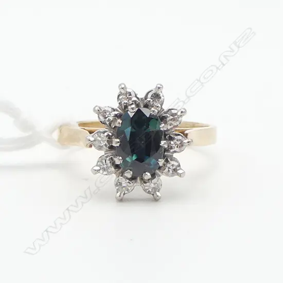 14ct GOLD BLUE/GREEN SAPPHIRE with single cut diamonds CLUSTER DRESS RING 3.22gms SIZE J