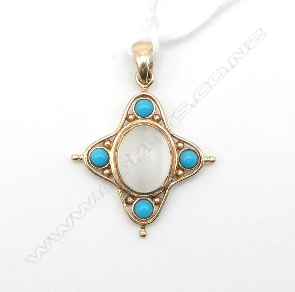 VICTORIAN 9ct GOLD, TURQOUISE & MOONSTONE PENDANT 3.09gms Image 1++