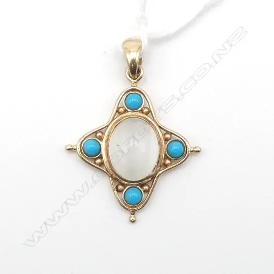 VICTORIAN 9ct GOLD, TURQOUISE & MOONSTONE PENDANT 3.09gms