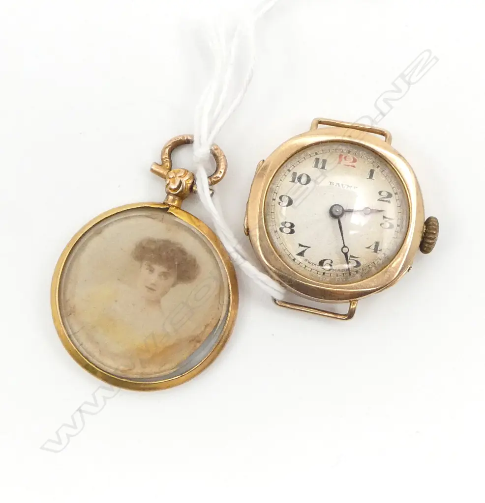9CT BAUME WATCH + LOCKET 27mm dia 20.8gms Image 1++