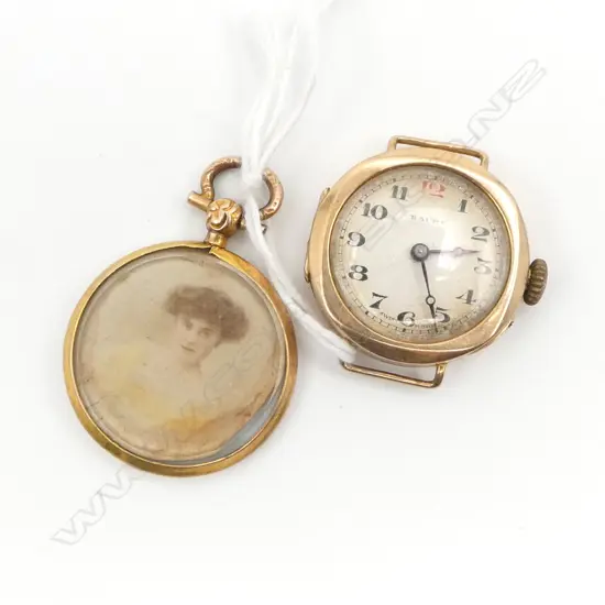 9CT BAUME WATCH + LOCKET 27mm dia 20.8gms