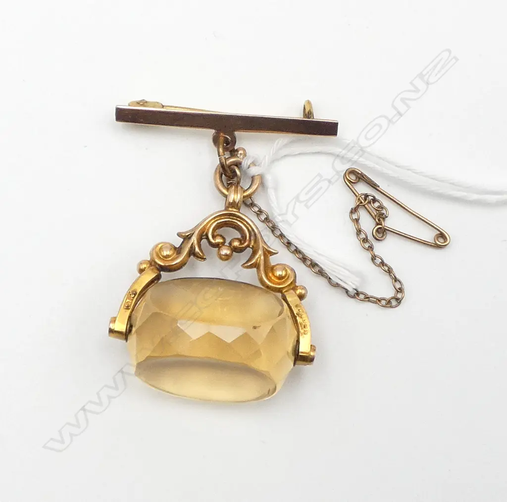9ct GOLD VICTORIAN & CITRINE FOB SPINNER ON 9ct GOLD BAR BROOCH suspension. Hallmarked. 12gms Image 1++
