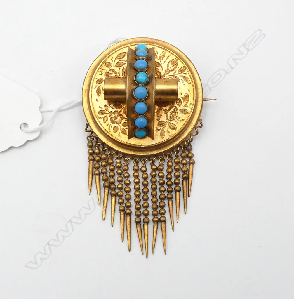 VICTORIAN GILT & TURQUOISE ? TASSEL BROOCH Image 1++