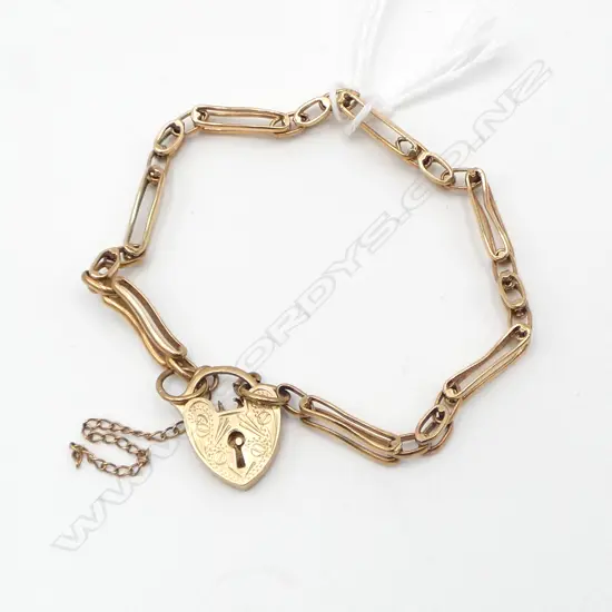 OLD 9ct ROSE GOLD GATE LINK BRACELET heart padlock clasp 8.1gms 