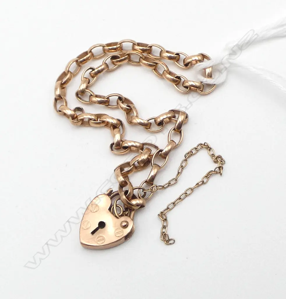 9ct ROSE GOLD BELCHER LINK BRACELET heart padlock clasp 4.16gms Image 1++