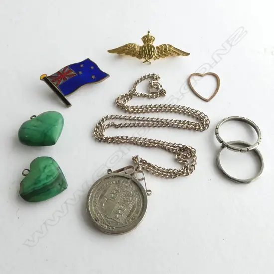 SILVER MOUNTED COIN PENDANT/2 MALACITE HEARTS/SWEETHEART BROOCH ETC