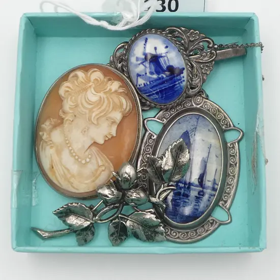 SILVER FRAMED CAMEO + 2 SILVER FRAMED DUTCH DELFT BROOCHES + costume brooch