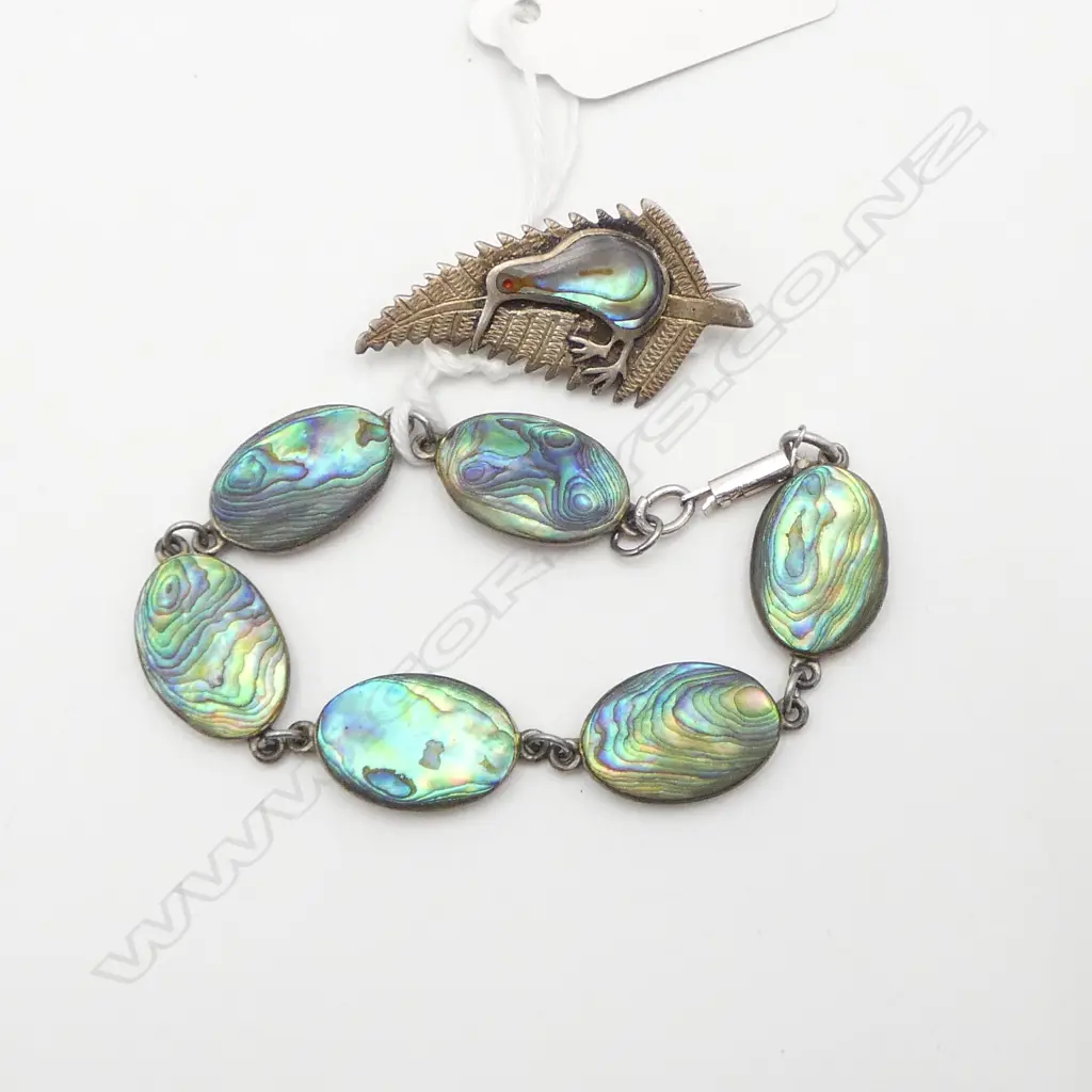 SILVER & PAUA BRACELET & KIWI & FERN BROOCH Image 1++