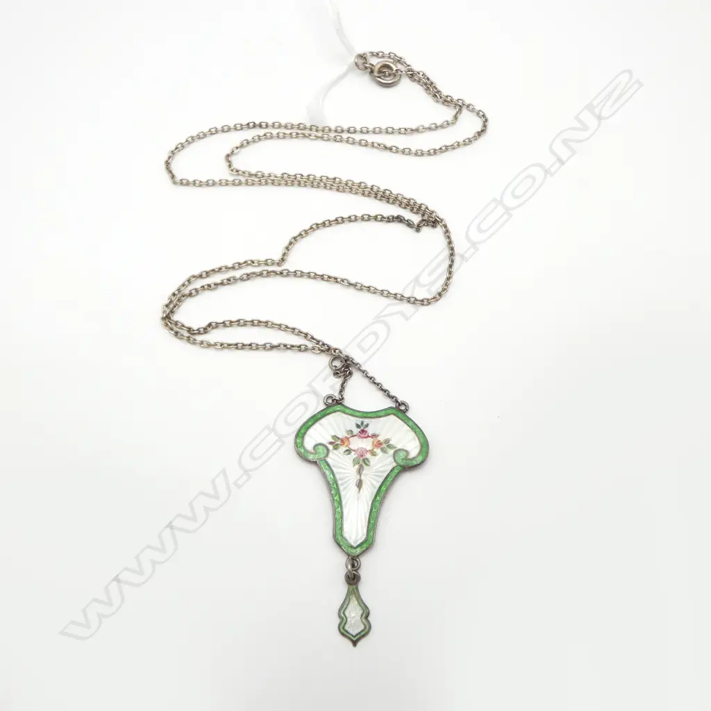 stylish early 20thC SILVER & ENAMEL PENDANT on chain Birmingham 1912 by J Aitkin & Son Image 1++
