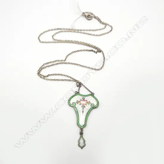 stylish early 20thC SILVER & ENAMEL PENDANT on chain Birmingham 1912 by J Aitkin & Son