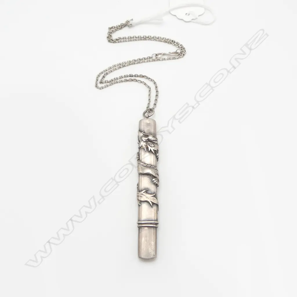 ORIENTAL DRAGON ENTWINED VINTAGE SILVER PENCIL HOLDER PENDANT ON SILVER CHAIN Image 1++