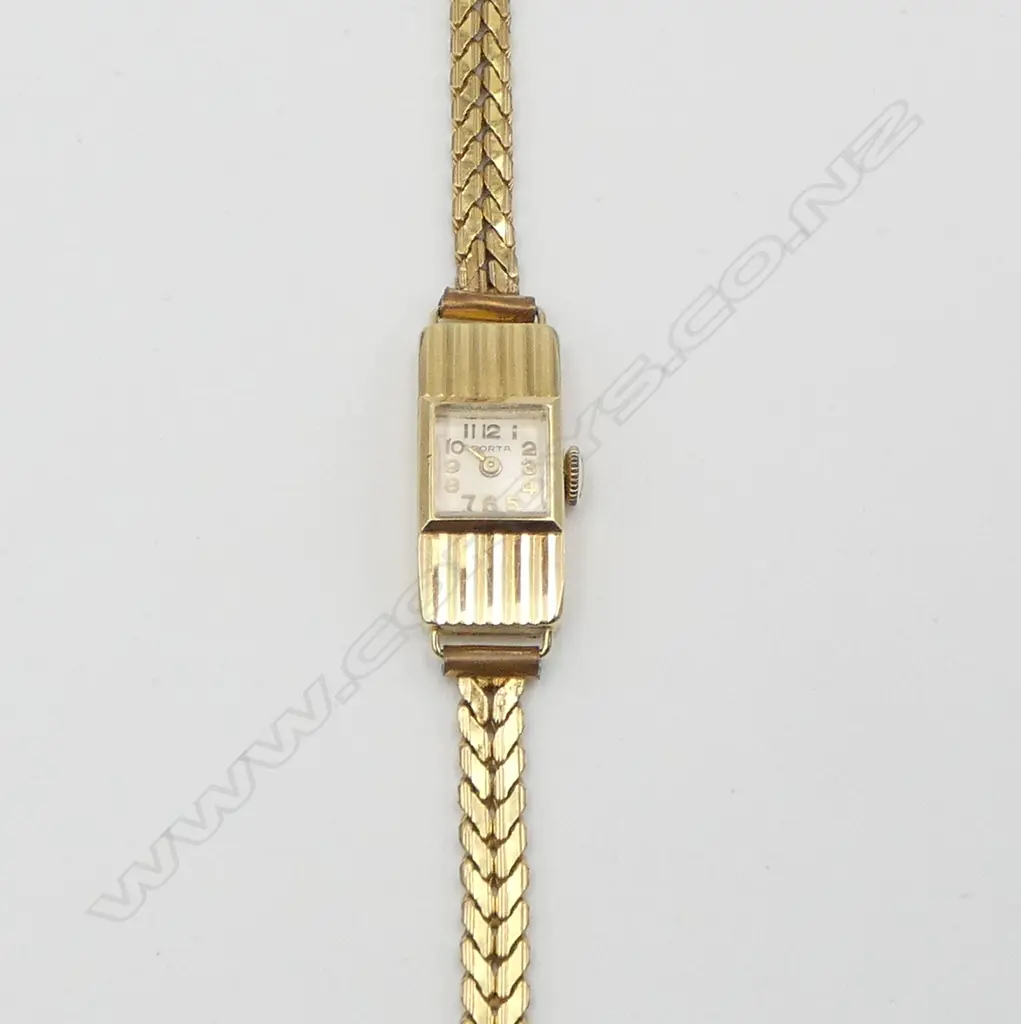 14CT Yellow Gold cased LADIES PORTA WRIST WATCH plated strap. 13.6gms Image 1++