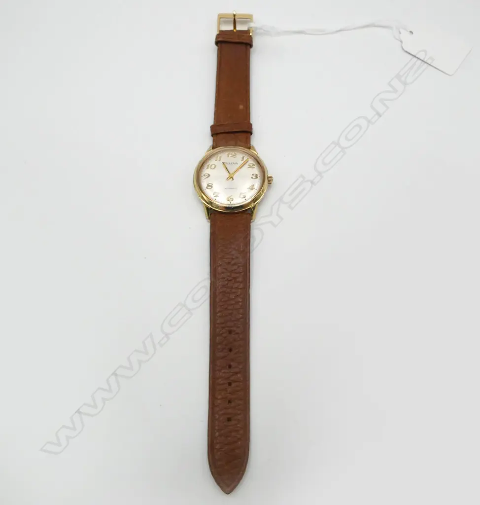 VINTAGE BULOVA AUTOMATIC GENT'S GOLD PLATE & stainless WRISTWATCH w leather strap. c.1980. Working Image 1++