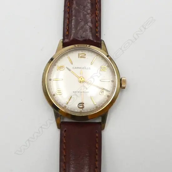 VINTAGE CARAVELLE AUTOMATIC 'Waterproof' GENT'S GOLD PLATE & stainless WRISTWATCH w leather strap. c.1970. Working