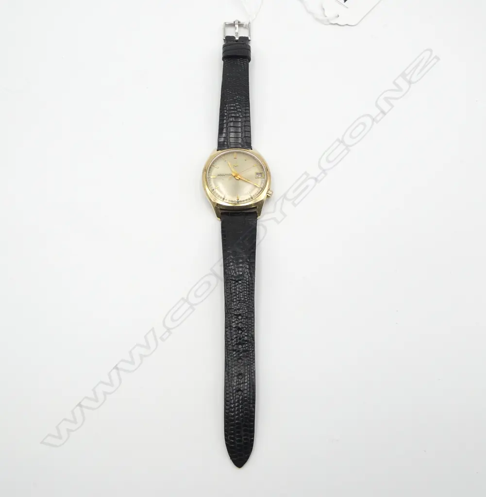 VINTAGE BULOVA ACCUTRON GENT'S 14ct GOLD CASE WRISTWATCH w leather strap. c.1970. Working Image 1++
