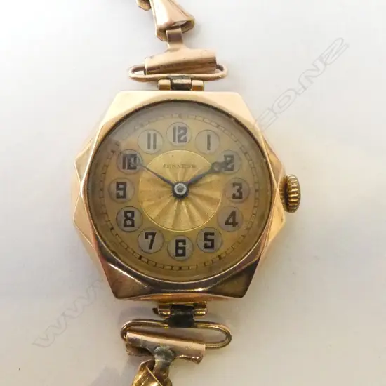VINTAGE 'JENNES' WRISTWATCH with 9ct gold 'ROLEX' caseback & gold plated strap 18.92gms