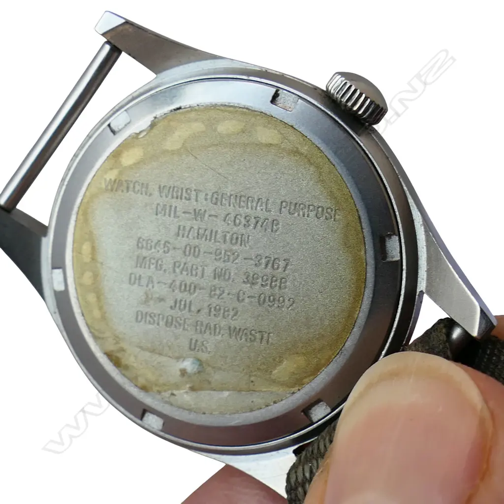 VINTAGE HAMILTON MANUAL WIND GENT'S stainless WRISTWATCH black dial w canvas strap. c.1980. Working Image 1++