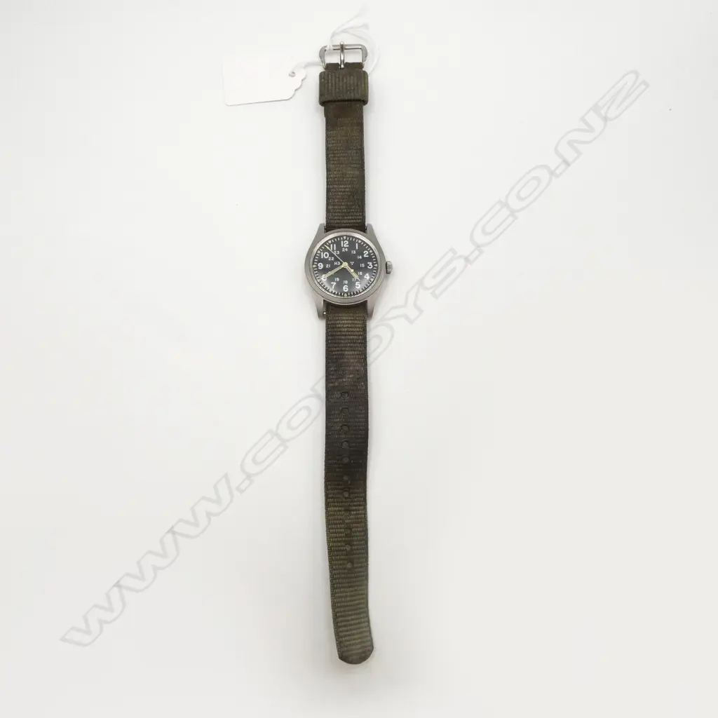 VINTAGE HAMILTON MANUAL WIND GENT'S stainless WRISTWATCH black dial w canvas strap. c.1980. Working Image 1++