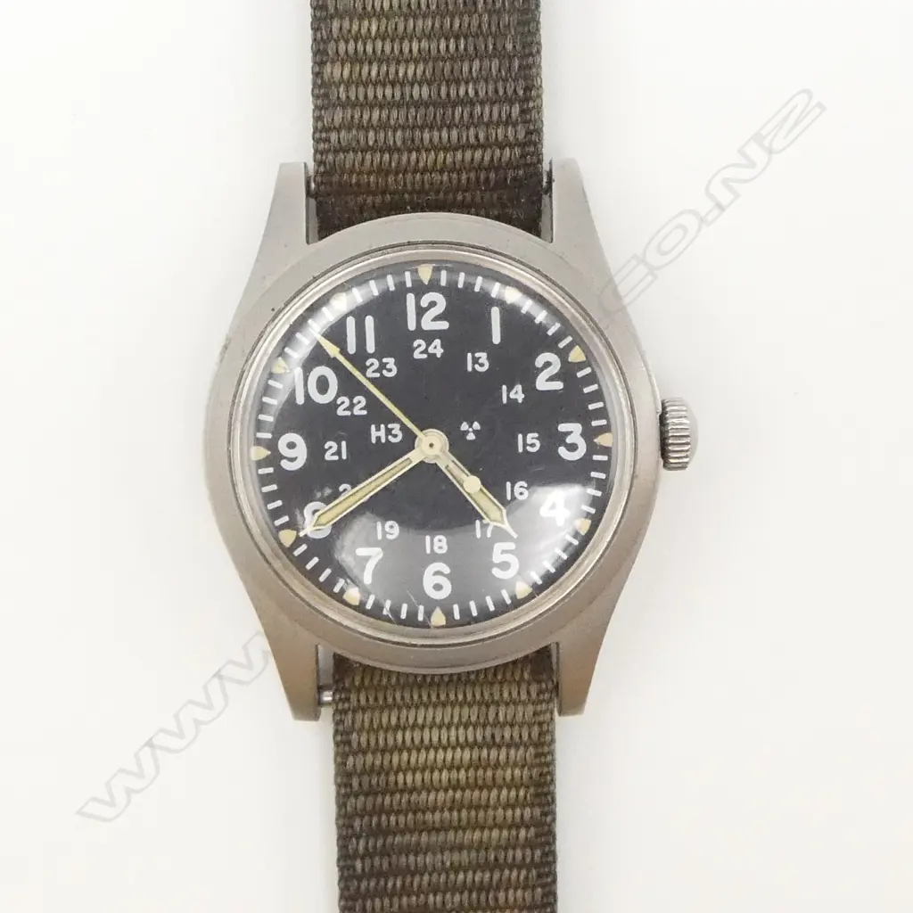 VINTAGE HAMILTON MANUAL WIND GENT'S stainless WRISTWATCH black dial w canvas strap. c.1980. Working Image 1++