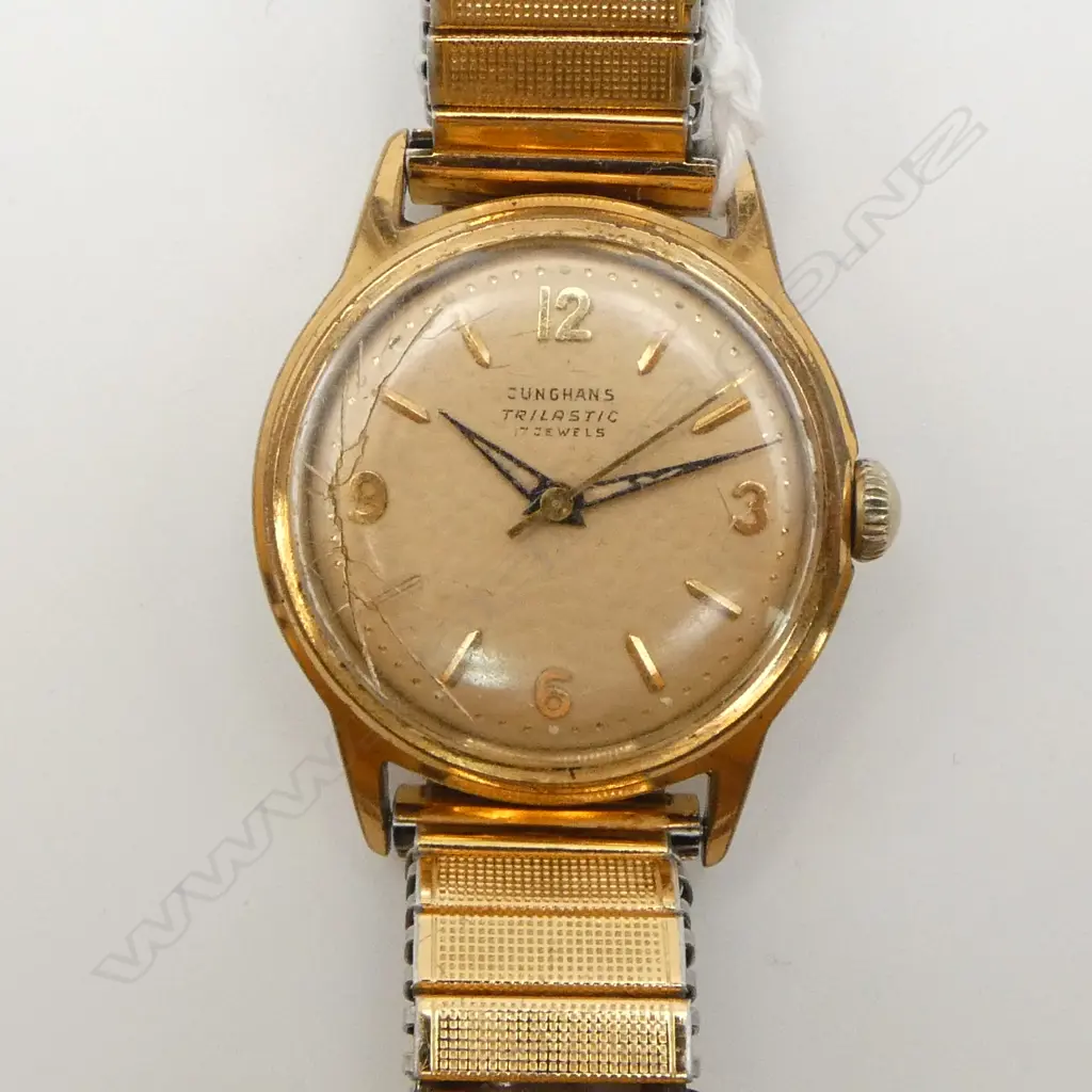 VINTAGE JUNGHANS 'TRILASTIC' AUTOMATIC GENT'S gilt stainless WRISTWATCH w gilt stainless strap. c.1960/1970. Working Image 1++