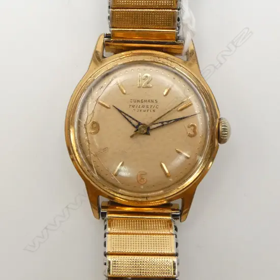 VINTAGE JUNGHANS 'TRILASTIC' AUTOMATIC GENT'S gilt stainless WRISTWATCH w gilt stainless strap. c.1960/1970. Working