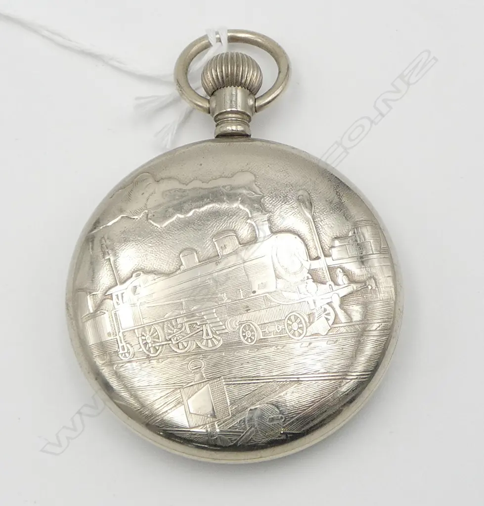 EARLY 20thC 'ROTARY' WHITE METAL POCKET WATCH steam train in relief to back panel. Running Image 1++