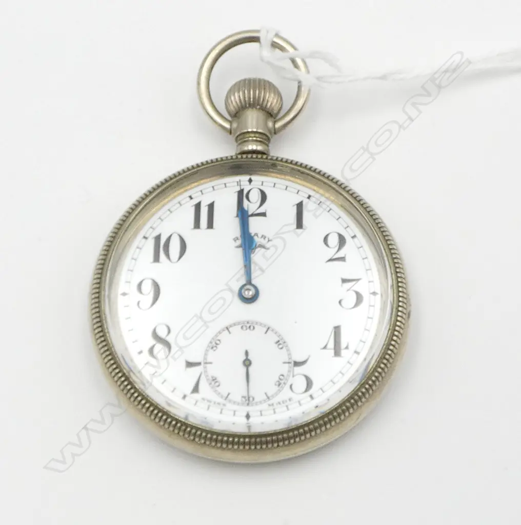 EARLY 20thC 'ROTARY' WHITE METAL POCKET WATCH steam train in relief to back panel. Running Image 1++