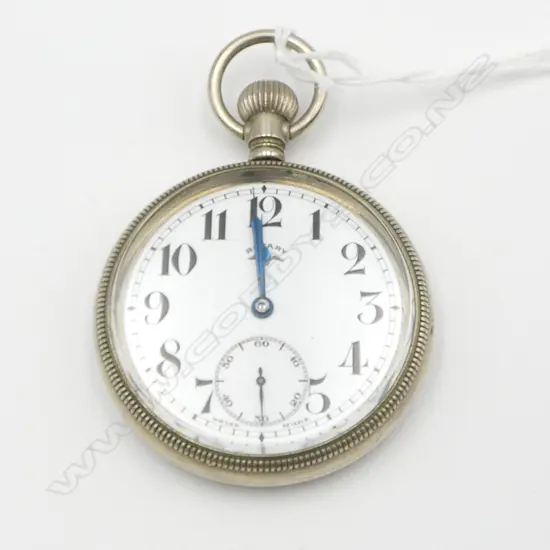 EARLY 20thC 'ROTARY' WHITE METAL POCKET WATCH steam train in relief to back panel. Running
