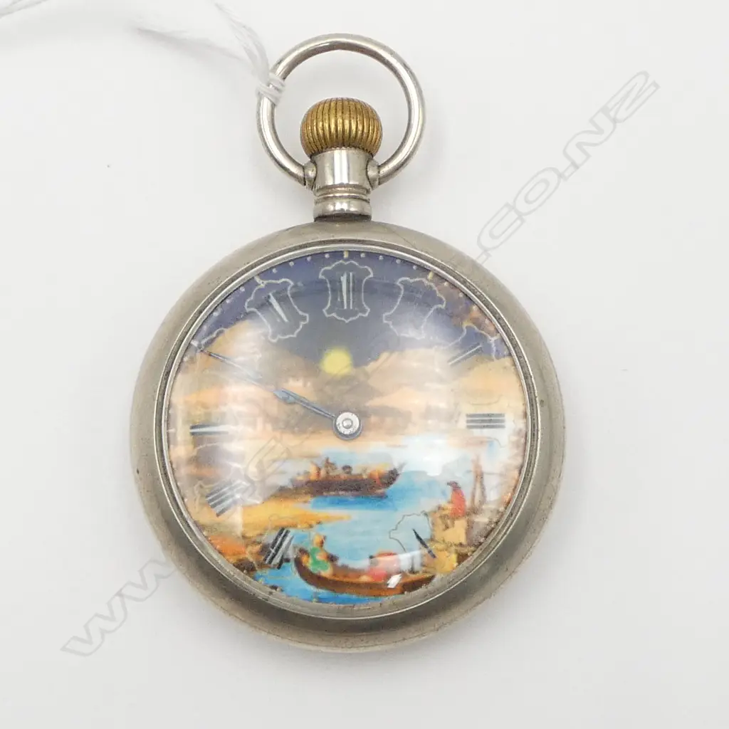 EARLY 20thC WHITE METAL POCKET WATCH open face with harbour scene working Image 1++