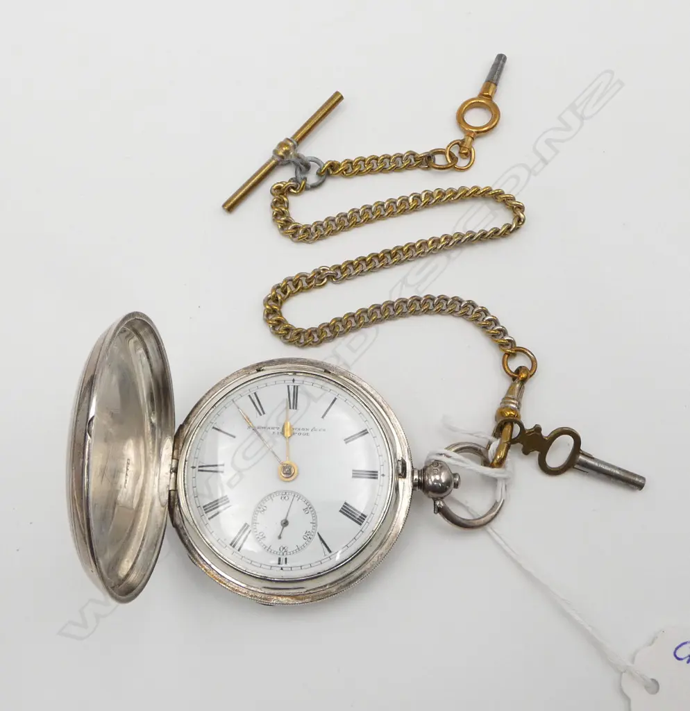 VICTORIAN STEWART DAWSON Co. Liverpool SILVER FUSEE HUNTER POCKET WATCH running W gold plate chain Image 1++