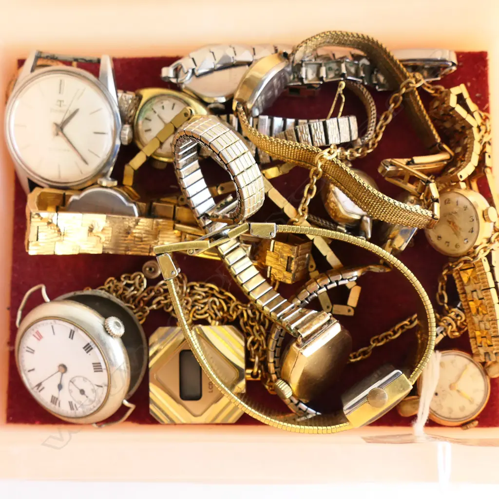 ASST. VINTAGE WRIST WATCHES & POCKET WATCHES IN MARLESTONE BOX (FAULTS) Image 1++