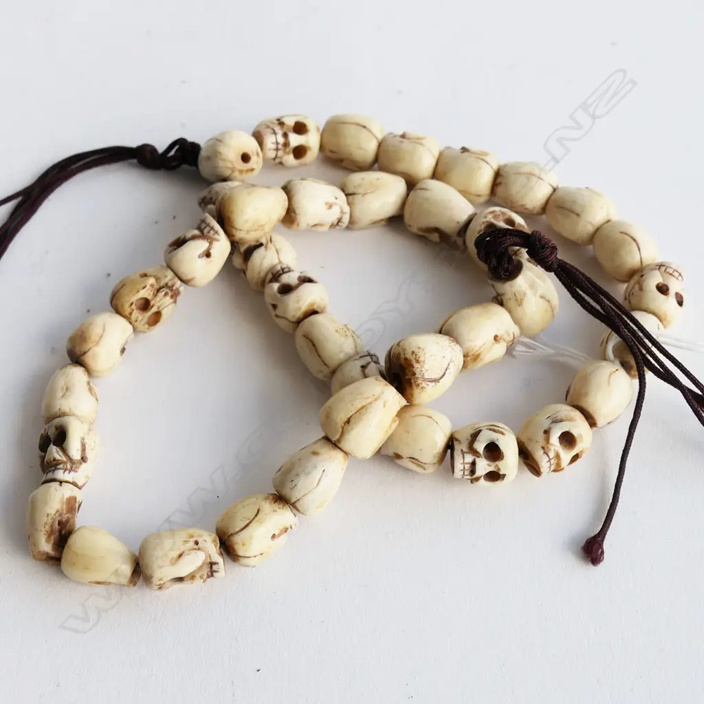 2 TIBETAN CARVED BONE SKULL BEAD BRACELETS  Image 1++