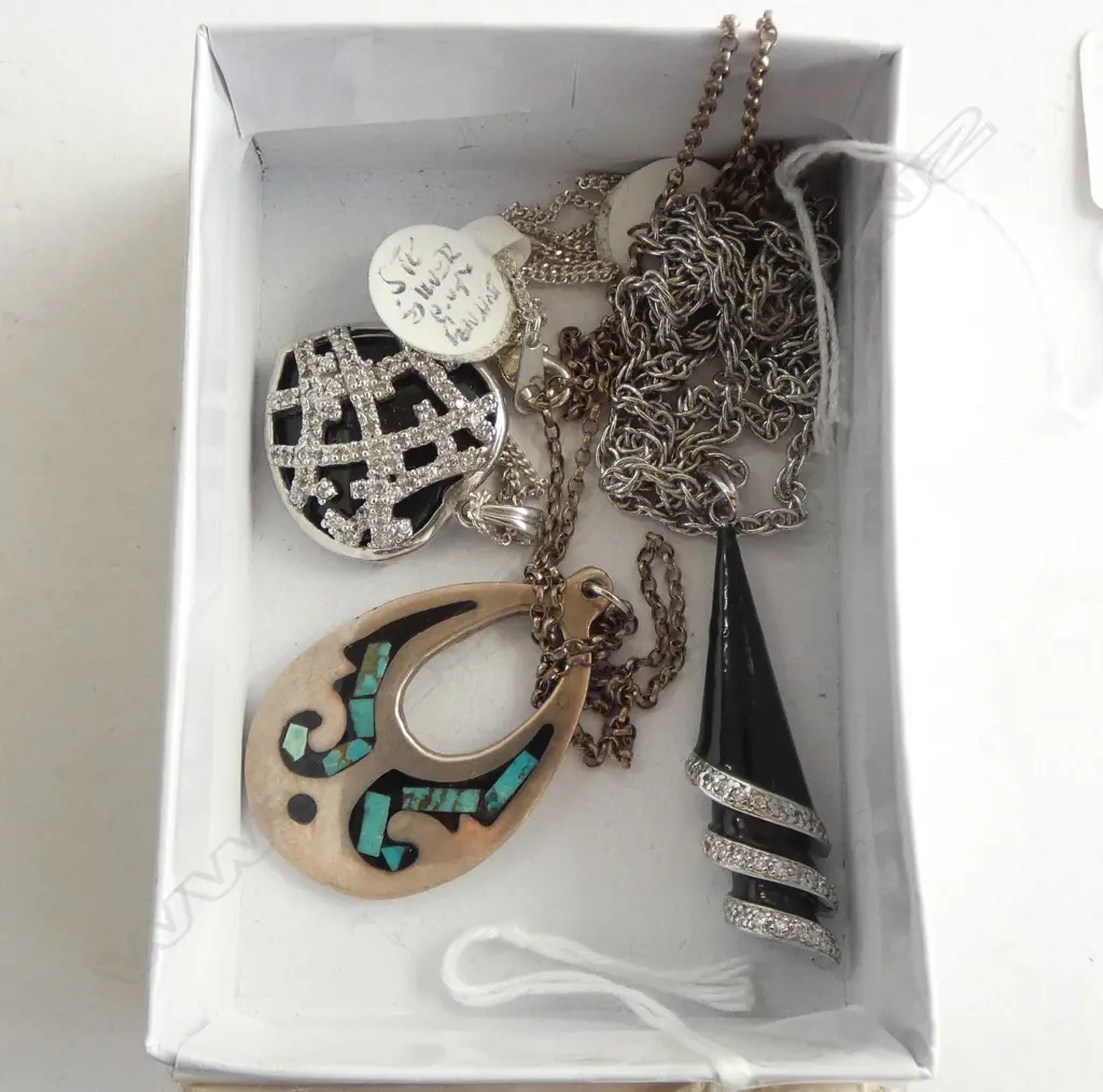 3 SILVER PENDANT NECKLACES: turquoise chip + spiral cone w black enamel + similar heart  Image 1++