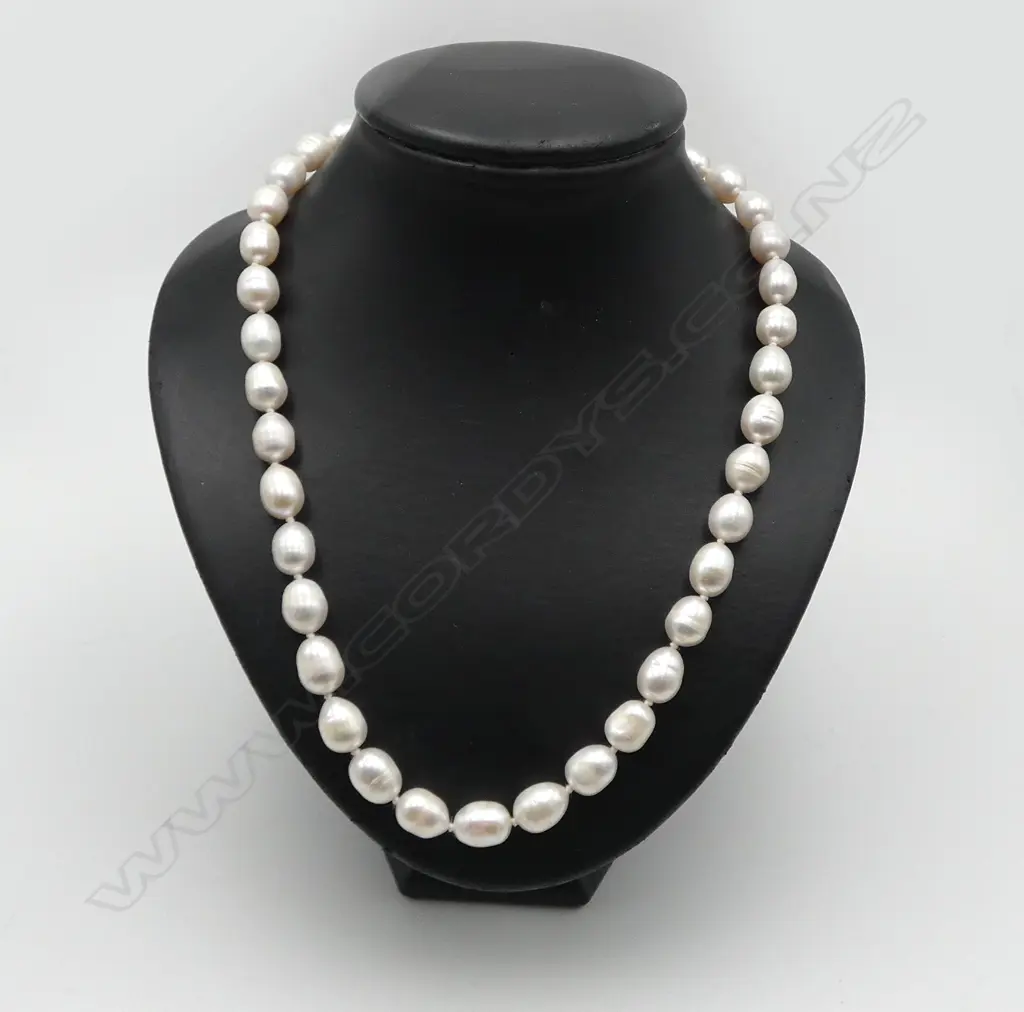 FRESHWATER PEARL NECKLACE, HANDKNOTTED w SILVER CLASP, L440mm Image 1++