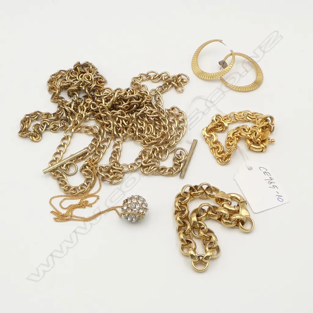 ASST. GOLD PLATED JEWELLERY; 3 NECKLACES, 2 BRACELETS (1 OROTON) & PR EARRINGS Image 1++