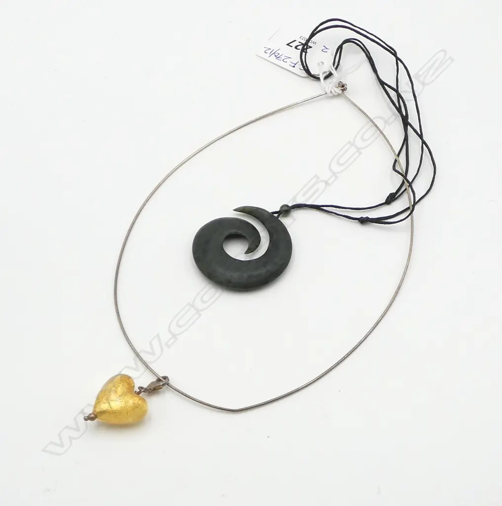 2 NECKLACES; POUNAMU SPIRAL, GOLD GLASS HEART PENDANT ON 925 CHAIN Image 1++