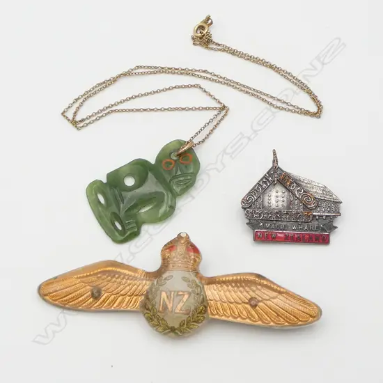 VINTAGE POUNAMU TIKI ON GOLD? CHAIN, 'MAORI WHARE' BROOCH & RNZAF WINGS