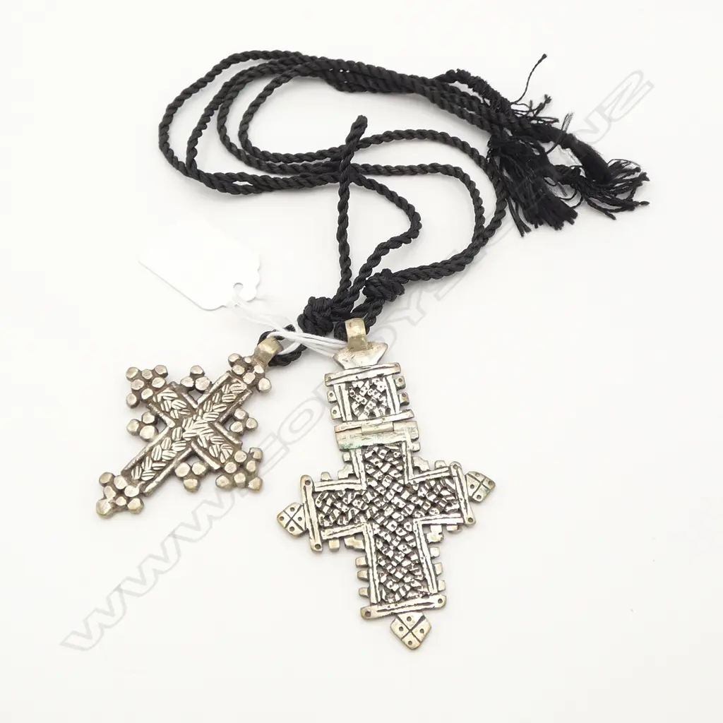 2 OLD ETHIOPIAN WHITE METAL CRUCIFIX PENDANTS longest 90mm w cord attachments Image 1++