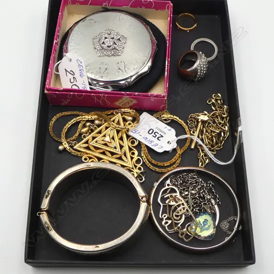 ASST. PLATED JEWELLERY & VINTAGE PLATED MARCASITE POWDER COMPACT unused in box