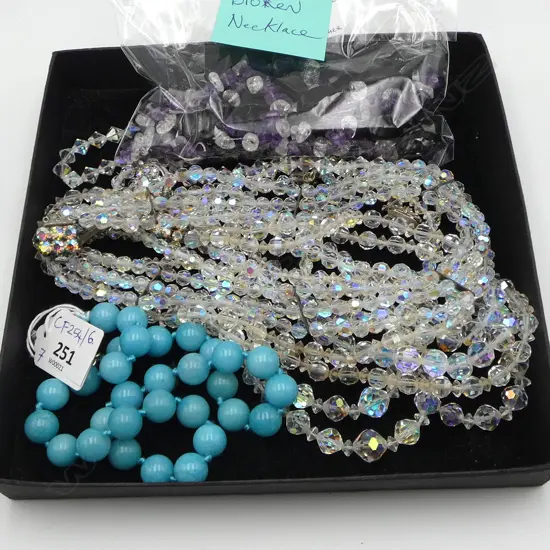 7 NECKLACES; 5 AB CRYSTAL, 1 BLUE GLASS, 1 AMETHYST (LOOSE)