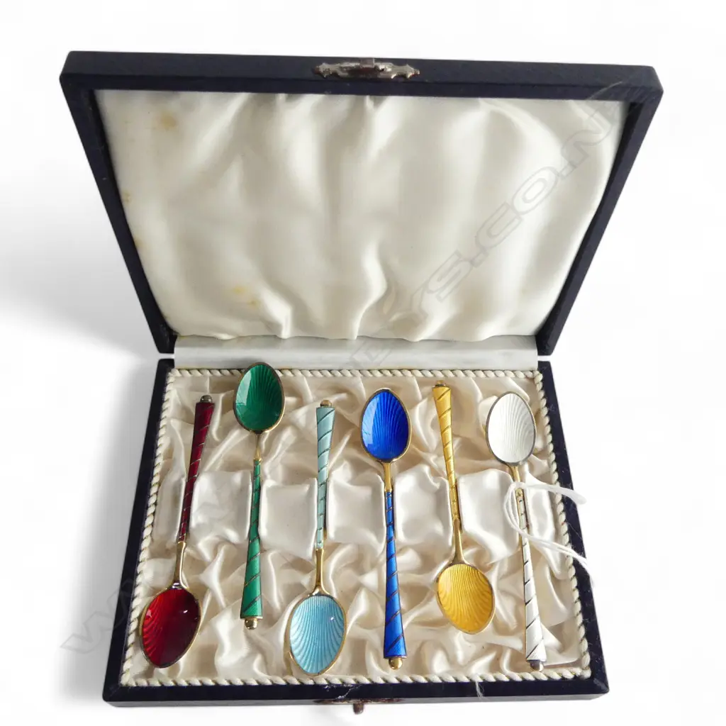 Set 6 DENMARK STERLING gilded SILVER & ENAMEL COFFEE SPOONS various colours Image 1++